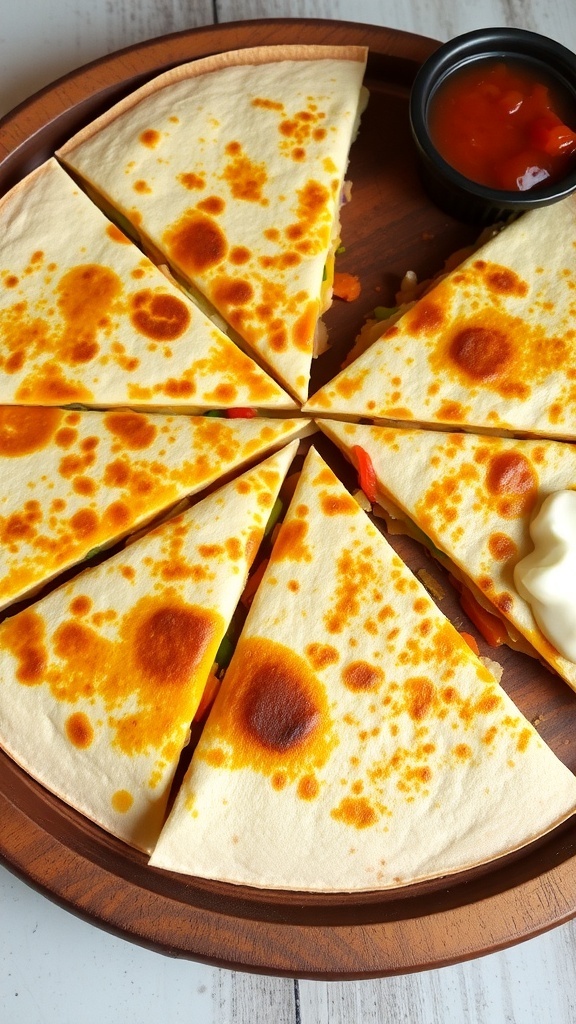 A golden-brown quesadilla cut into wedges, served with salsa and sour cream on a wooden plate.